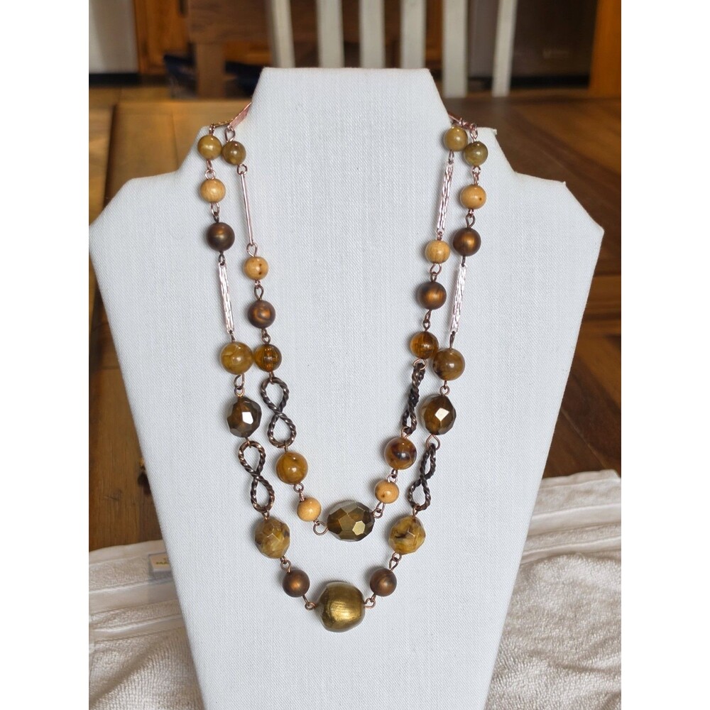 Vintage German 2-Strand Amber Tone Beaded Necklace GERMANY Clasp Mid Century